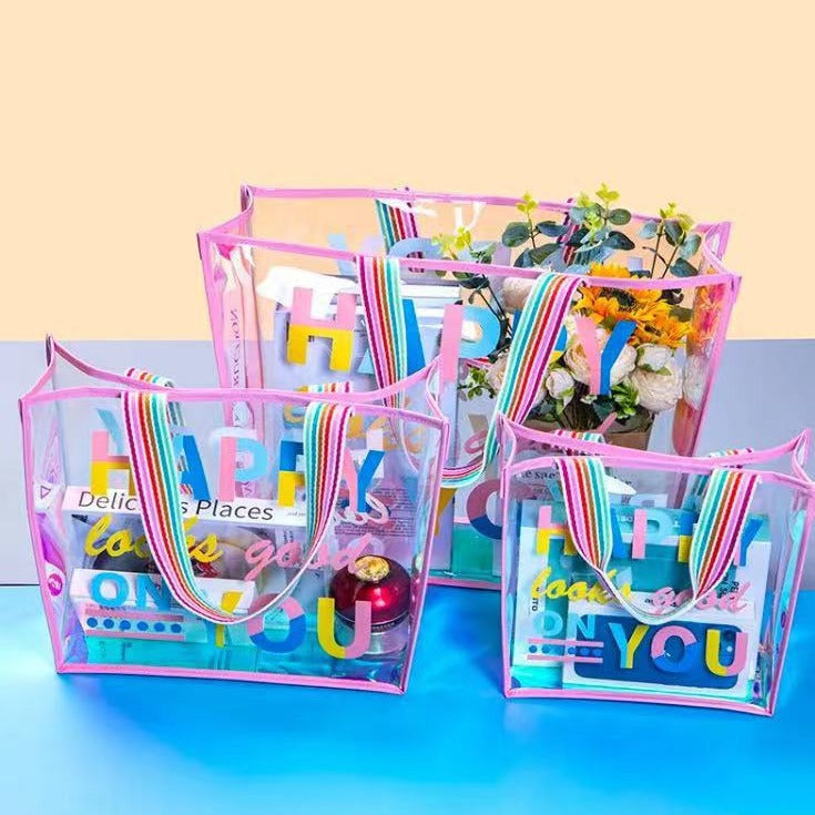 Spot Popular Pink Transparent Colorful Bag Women's Handheld Bag High-looking Waterproof Beach Bag