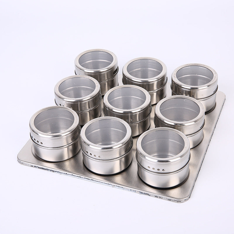 Set Of 9 Stainless Magnetic Spice Jars