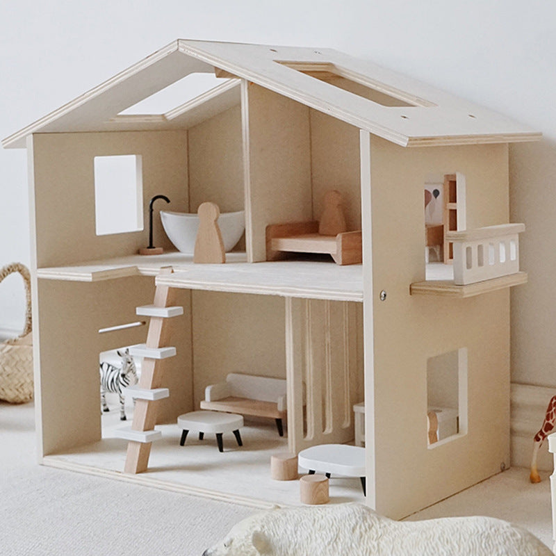 Wooden Dollhouse With Furniture Set For Kids Play Toy Age 2+