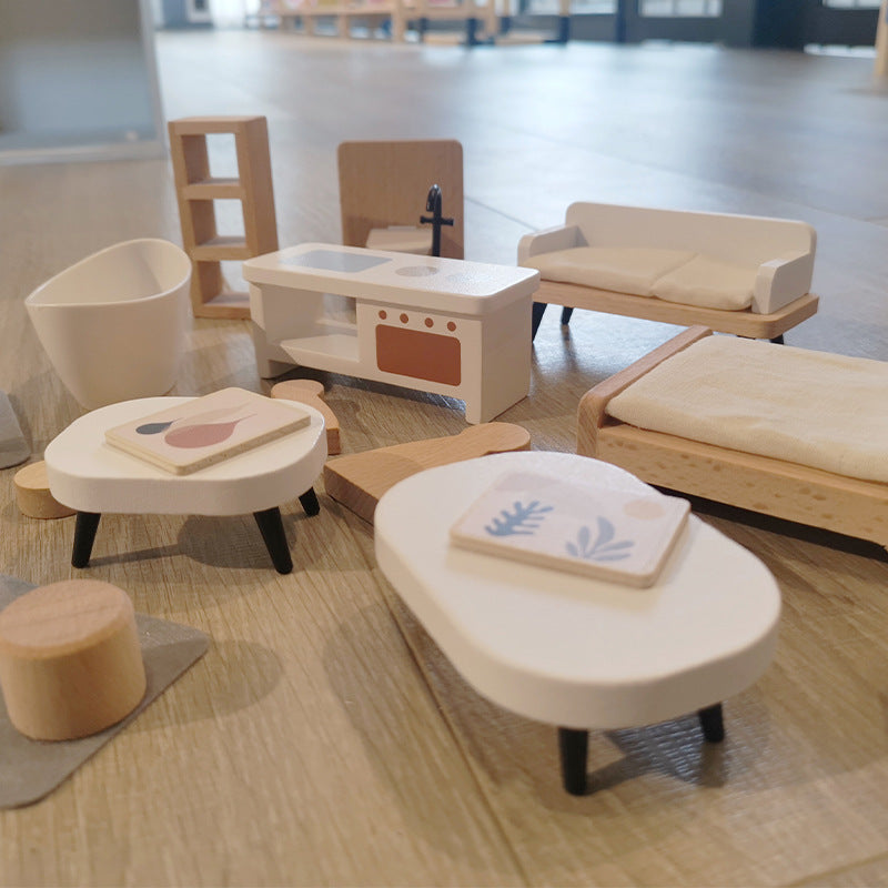 Wooden Dollhouse With Furniture Set For Kids Play Toy Age 2+