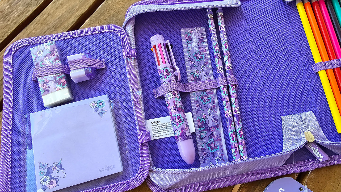 Unicorn Smiggle Pencil Case with pancils