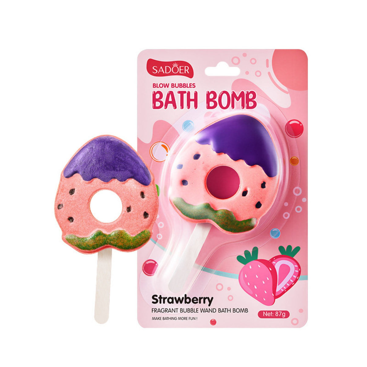 Strawberry scented SADOER bath bomb lollipop 87g with retail packaging