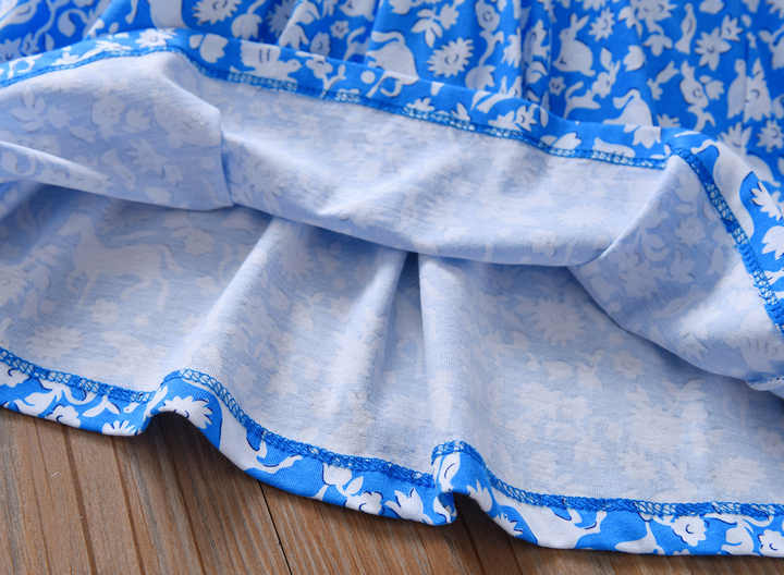 Blue Dress Cotton For Girls Flower Animals Design (5y)