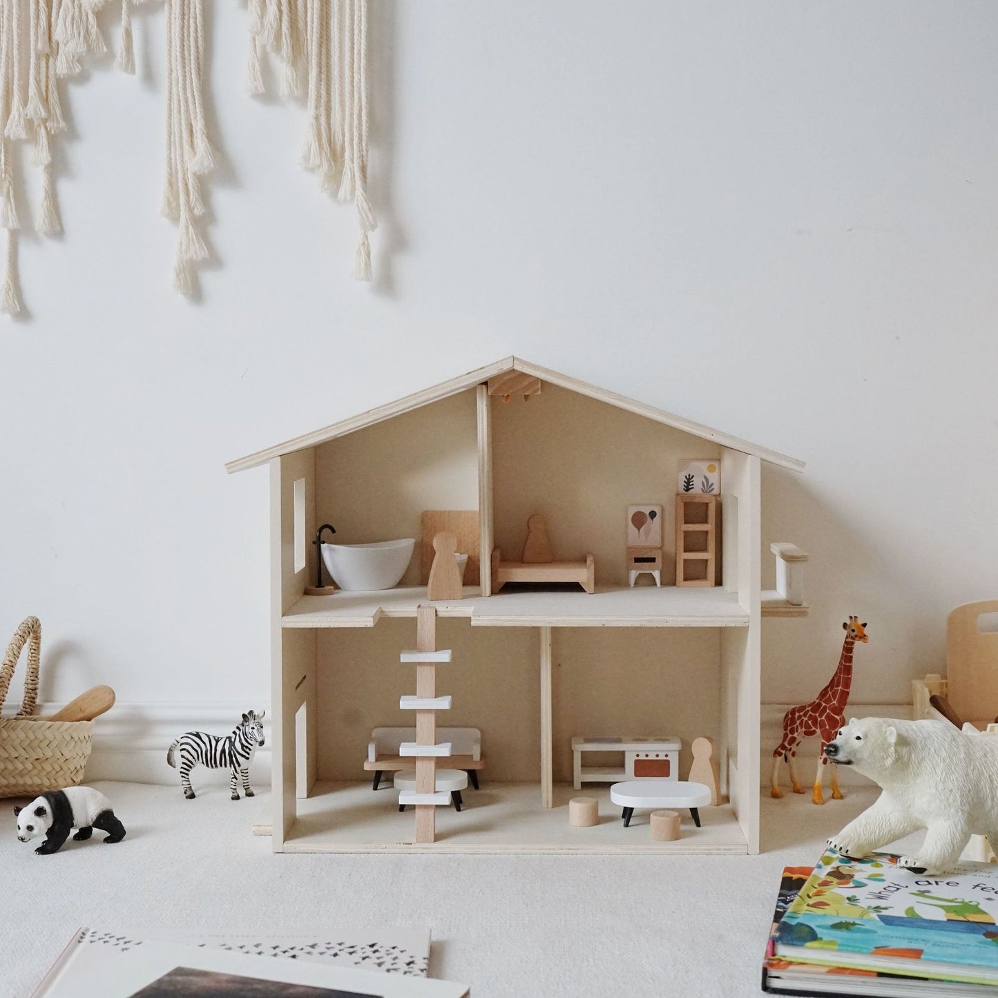 Wooden Dollhouse With Furniture Set For Kids Play Toy Age 2+