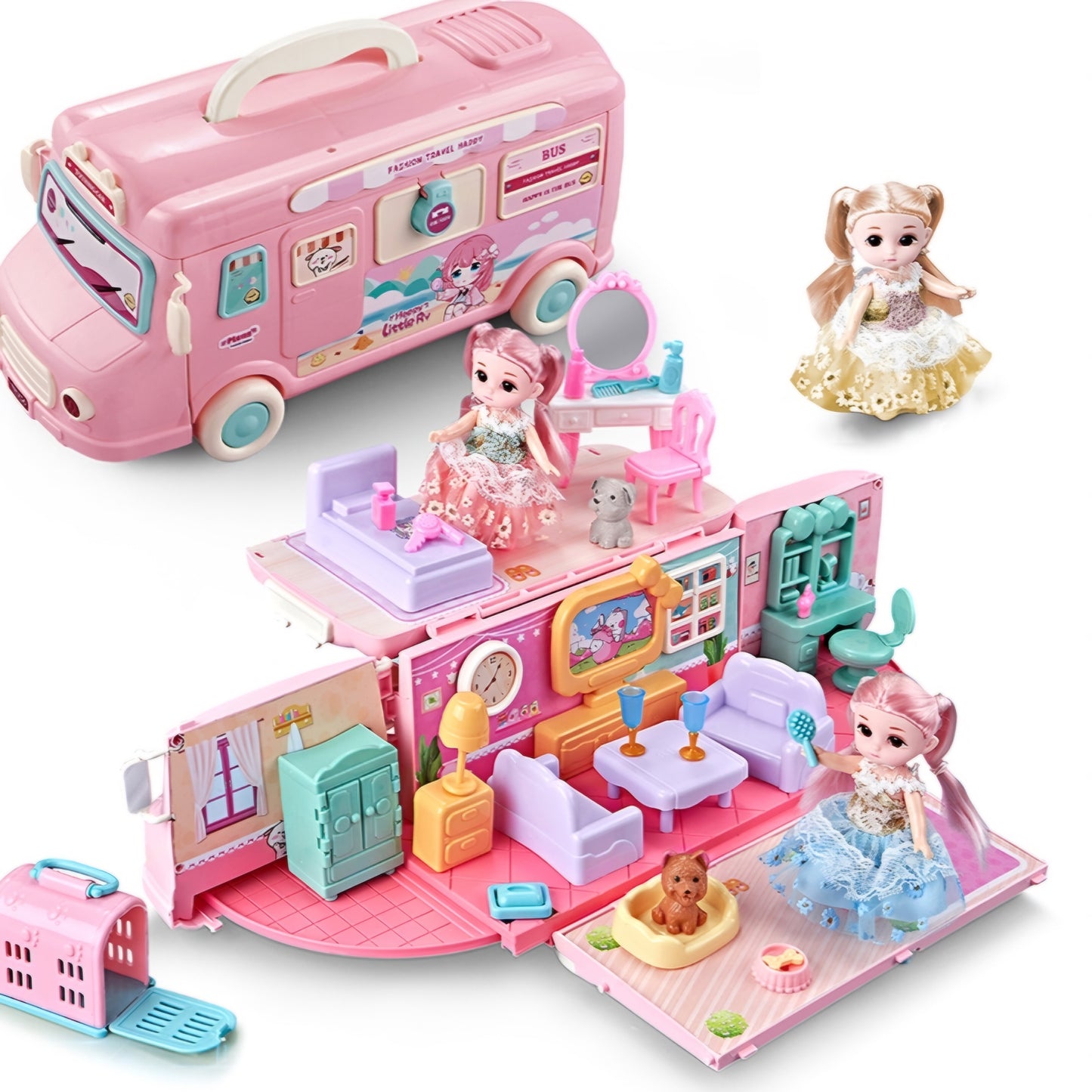 2 in 1 camper and dollhouse set with light and sound effects