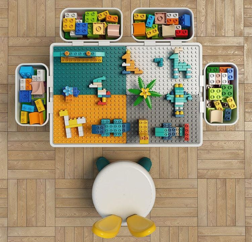 Kids Multi-Functional Educational Block Table and 2 Chairs Set+4 Storage Box(Include 190pcs building blocks)