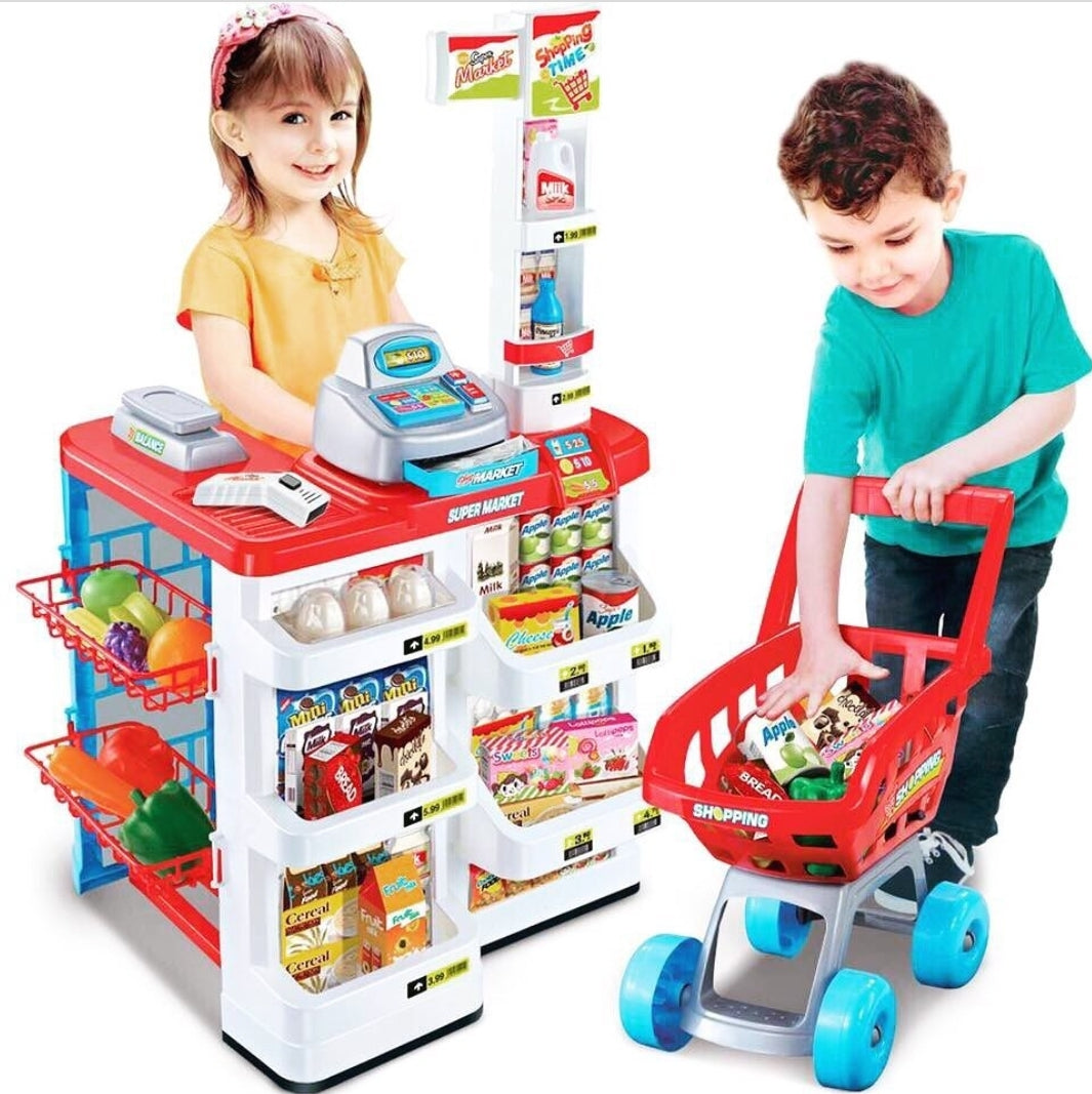 Mundo Toys Supermarket Play Set with Shopping Cart & Coffee Shop, 64 Accessories Box 57x45x18cm