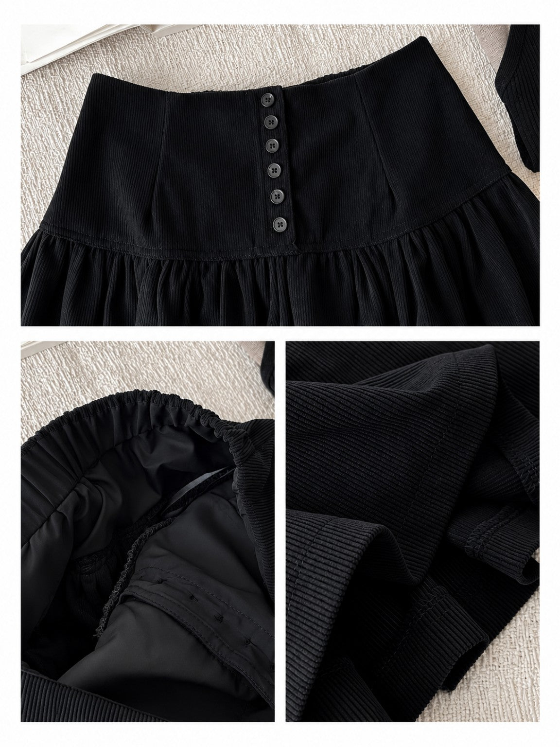 Black corduroy skirt details including buttons, elasticated waist and fabric