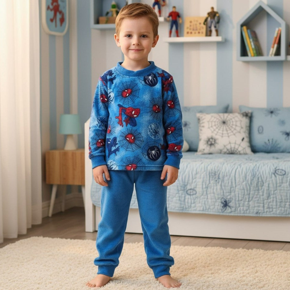 Boy wearing blue spider print warm fleece pajama set with matching blue pants, sizes 1–6 years