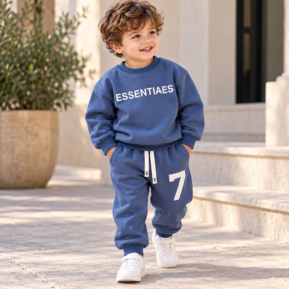 Boys blue three-thread cotton sweatshirt and joggers 2-piece set, size 3–4 years