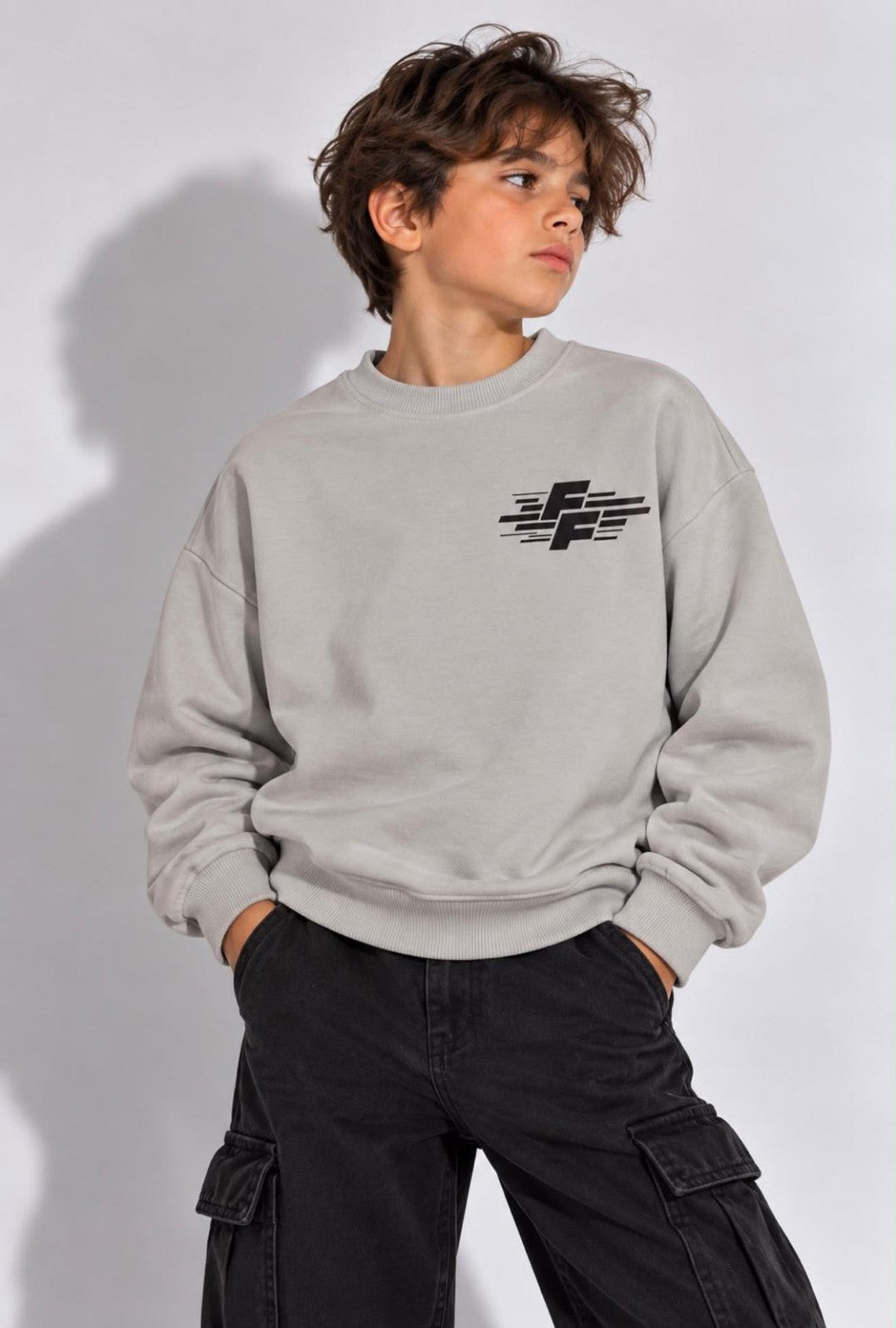 Boys grey racing sweatshirt front detail