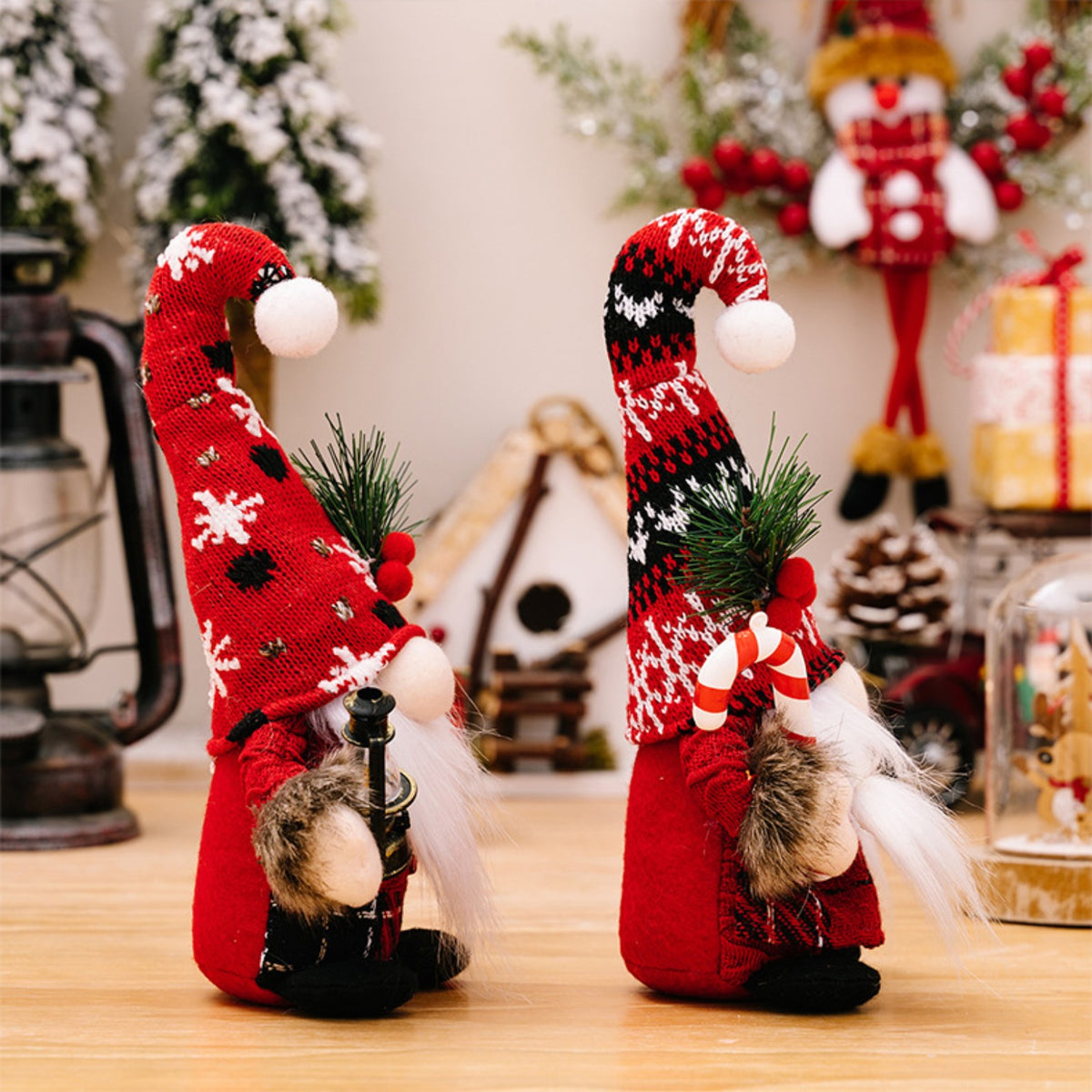 Red Christmas gnomes with knitted hats - festive decorative designs