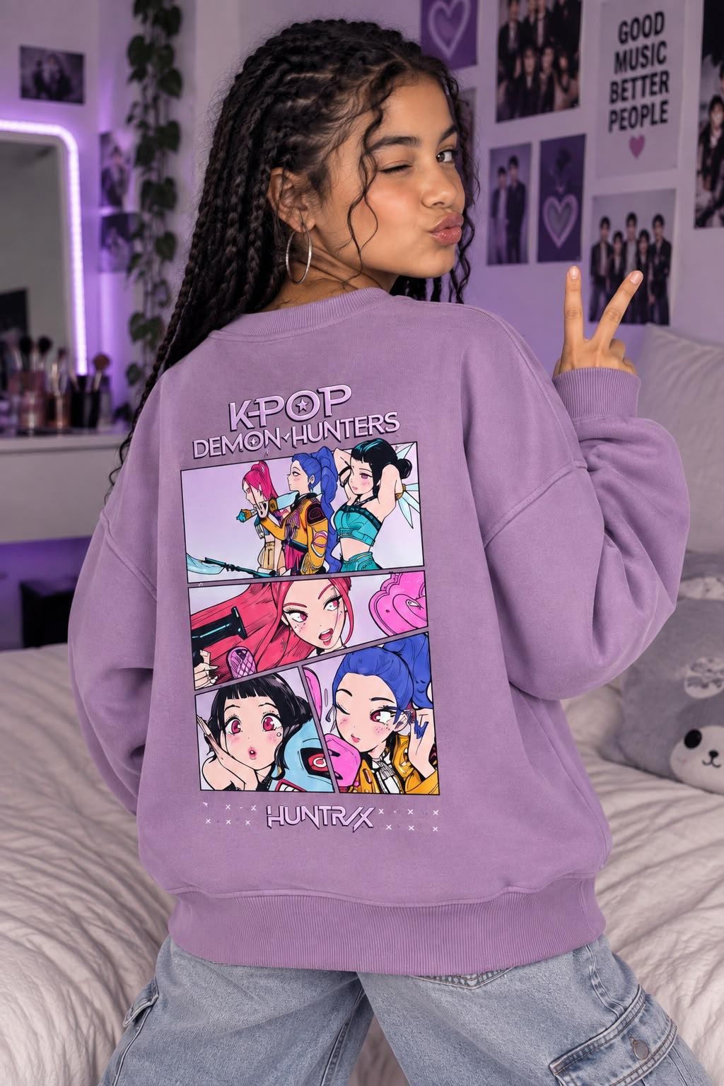 Girls purple K-Pop Demon Hunters sweatshirt back graphic