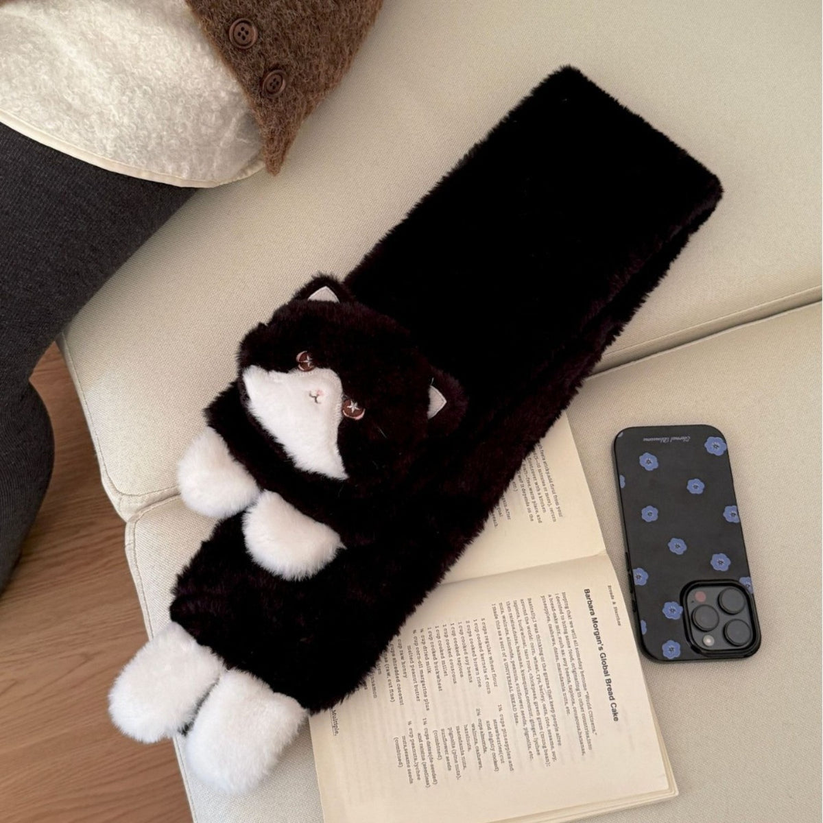Black winter plush cat scarf with kitty face and white paws