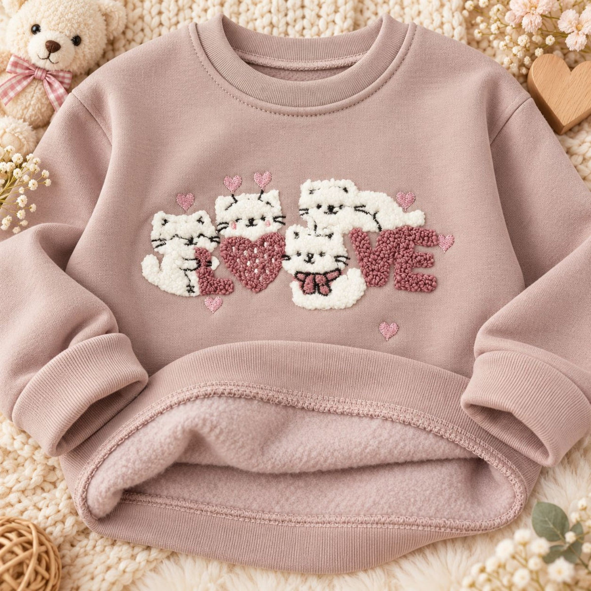 Fluffy white cats LOVE appliqué and warm soft fleece-lined sweatshirt