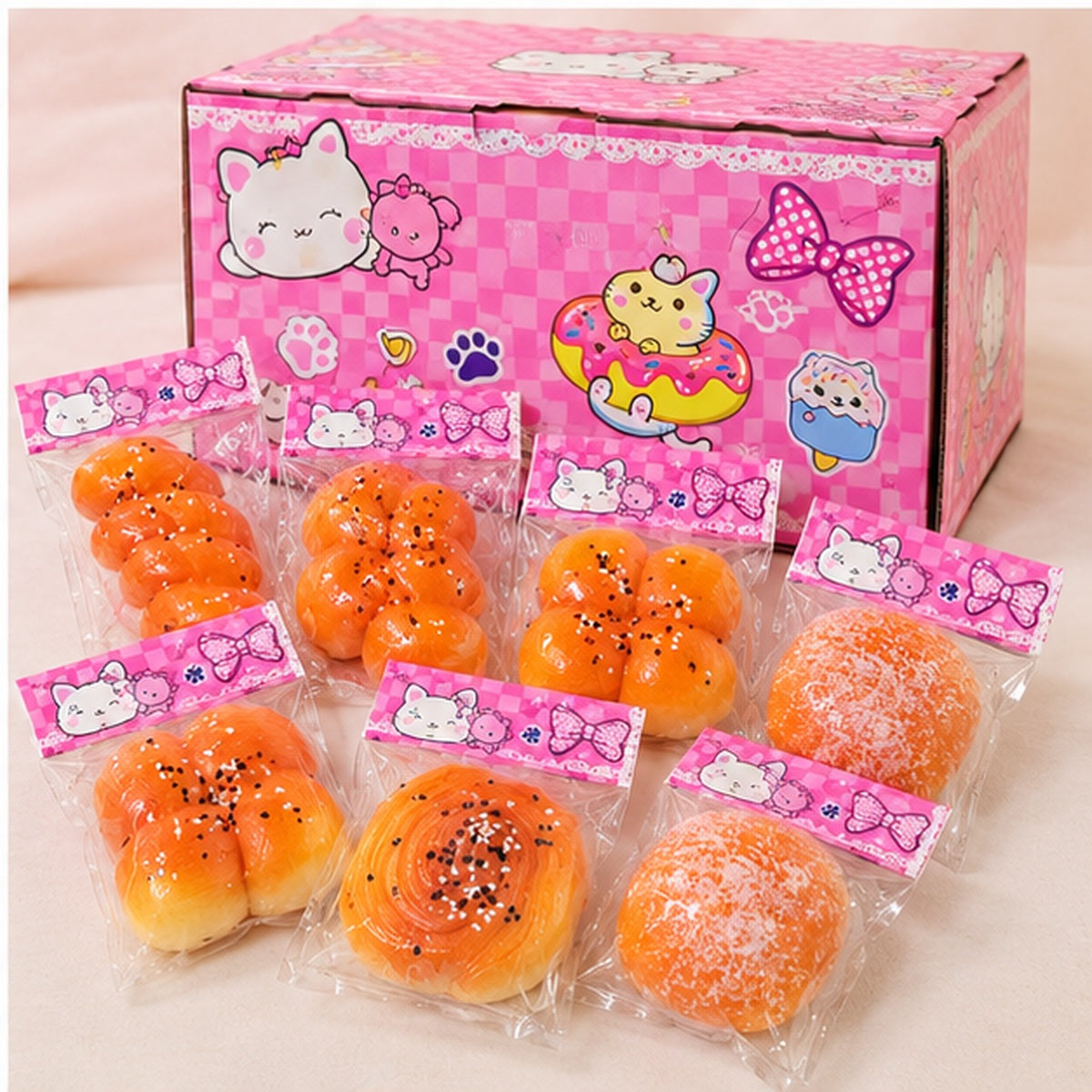 Kawaii bread squishy toys with pink display box