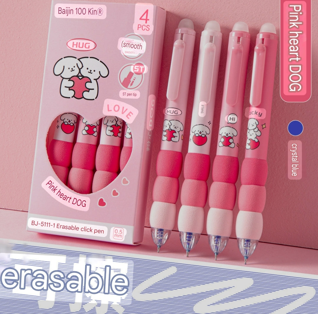 Cartoon Erasable Pen Pack Of 4 Pcs Black Or Blue Ink Press Pen 0.5mm