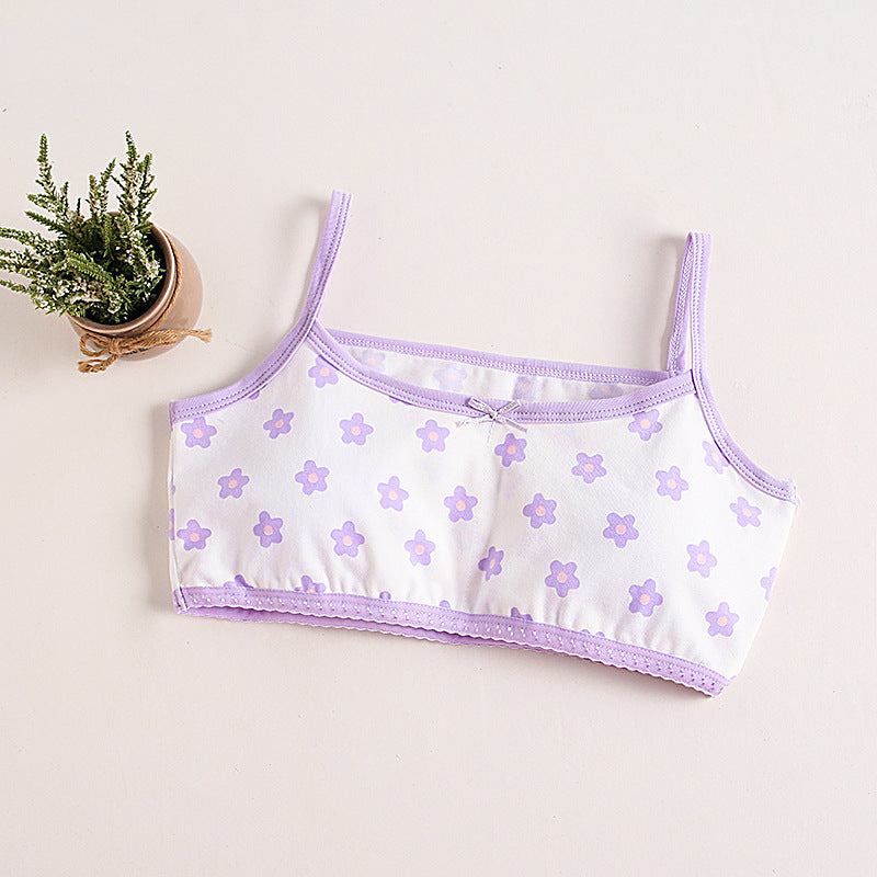 Girls Cotton Bras (4 pcs) – Thin Straps Purple Flower | Size 6–12Y