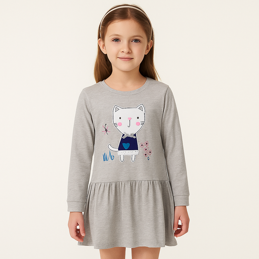 Long Sleeve Cotton 100% Dress Kitten Design Size 7y