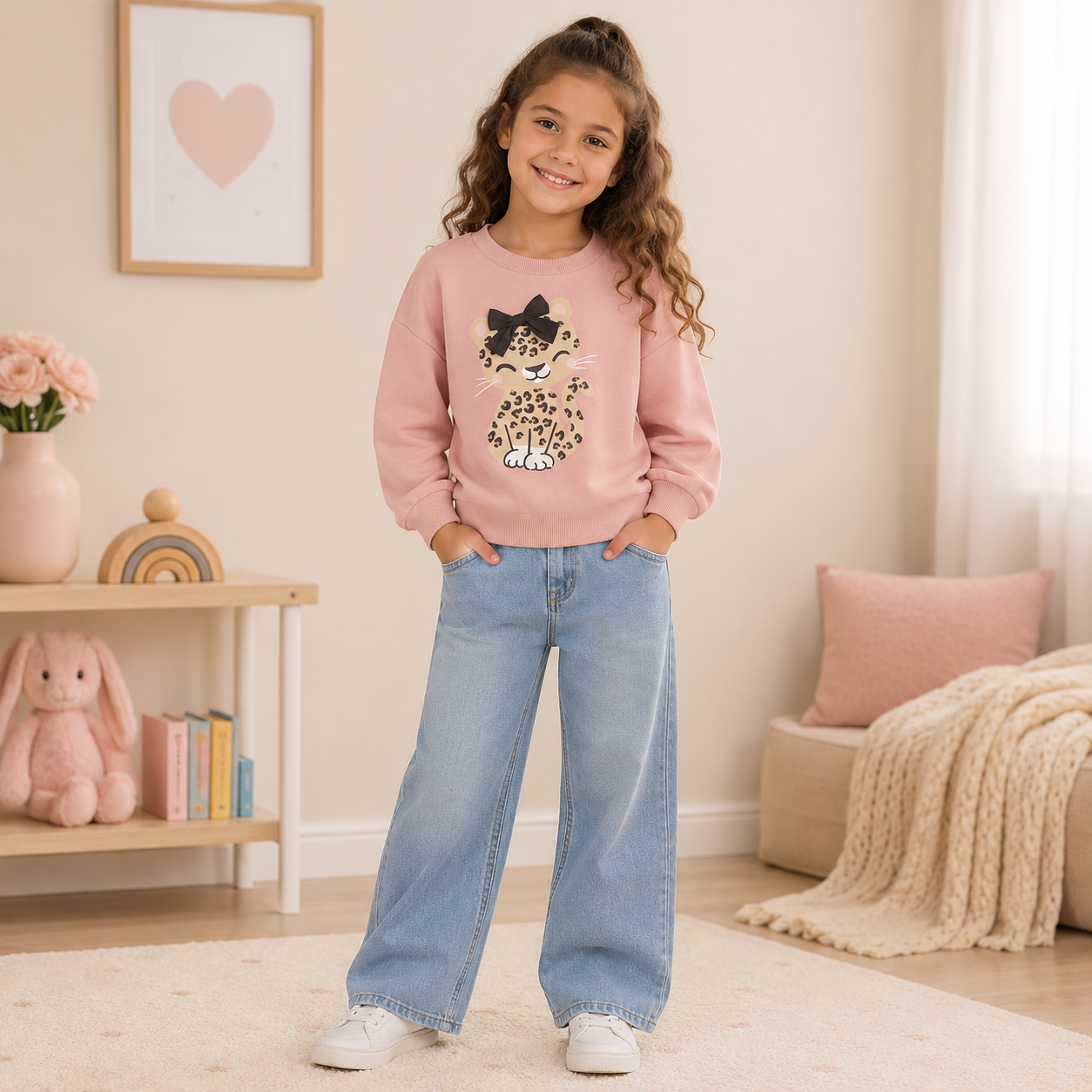 Girls Light Cotton Leopard Sweatshirt | Size 3-10y