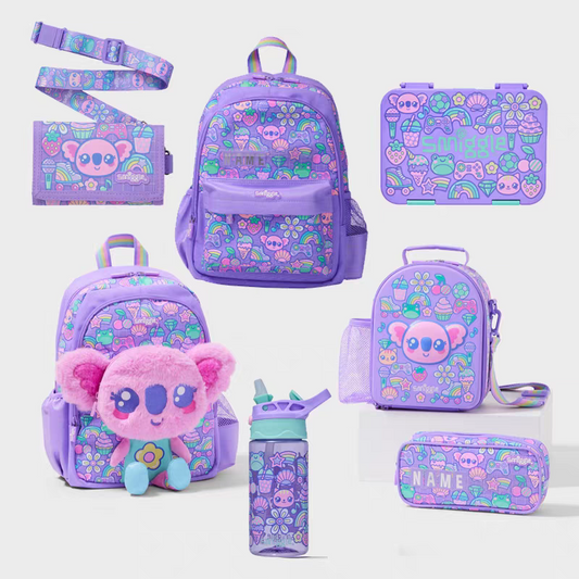 Smiggle Cartoon Design 4pcs Set Backpack 38cm Lunch Box Bottle Case