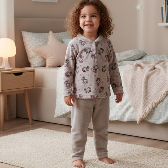 Pyjama Warm Light Grey Kitty Design Size 1-5y