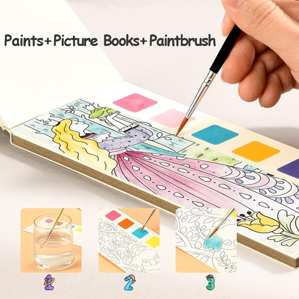 Activity Coloring Books, Watercolor Painting with Brush, 12 Sheets 3+