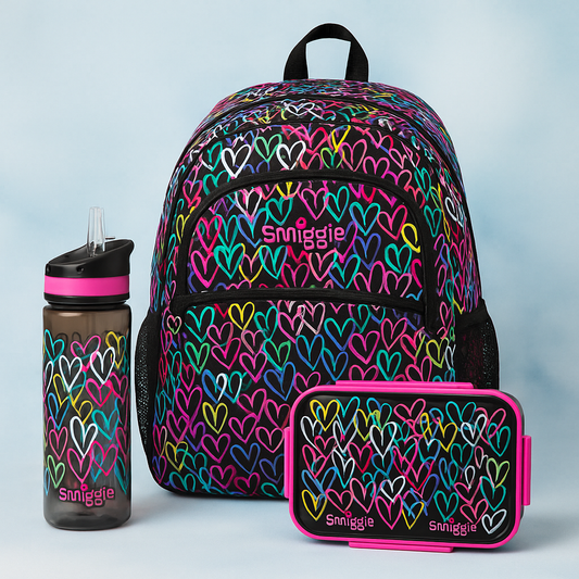 Smiggle Heart Design Set 3pcs Backpack 42cm Lunch Box Bottle