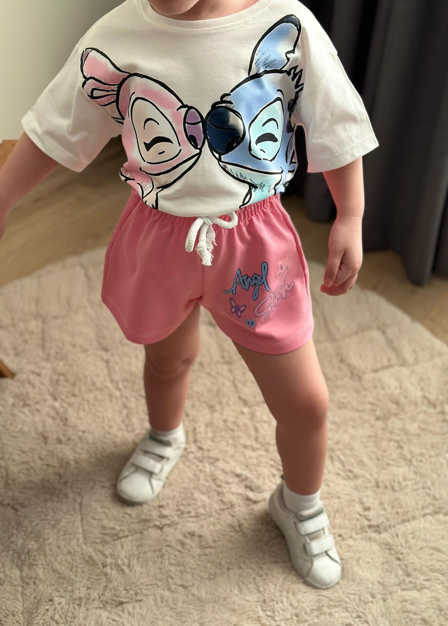 Outfit For Girls Stitch Design Blue/Pink Short Size 3-10y