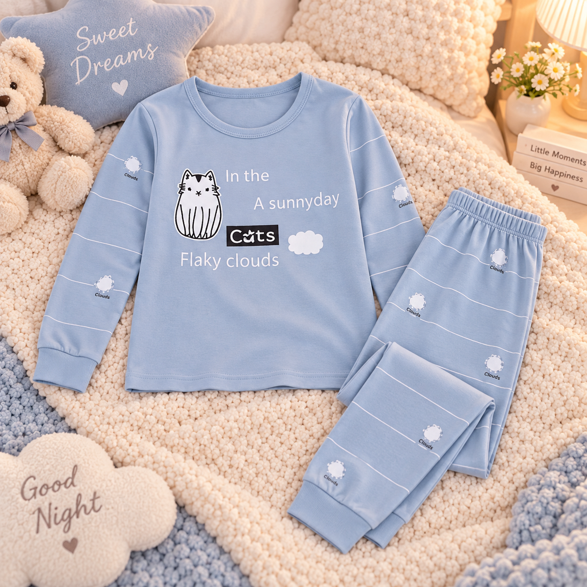 Kids’ 100% Cotton Grey Cat Pajama Set | 3–14Y
