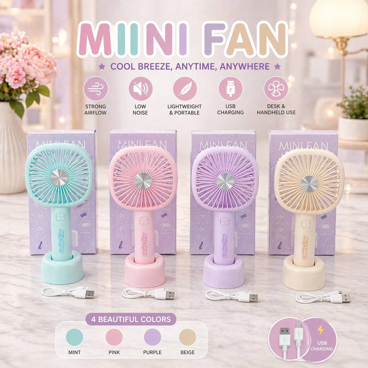 Mini USB Rechargeable Handheld Fan – 4 Colors Portable Desk Fan
