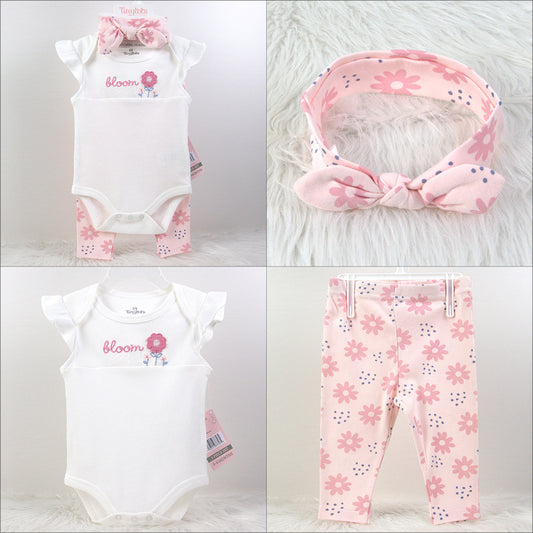 New Born Set For Baby Girl Flower Bloom Design 3 Pieces Body Pant And Headband Size 0-9months