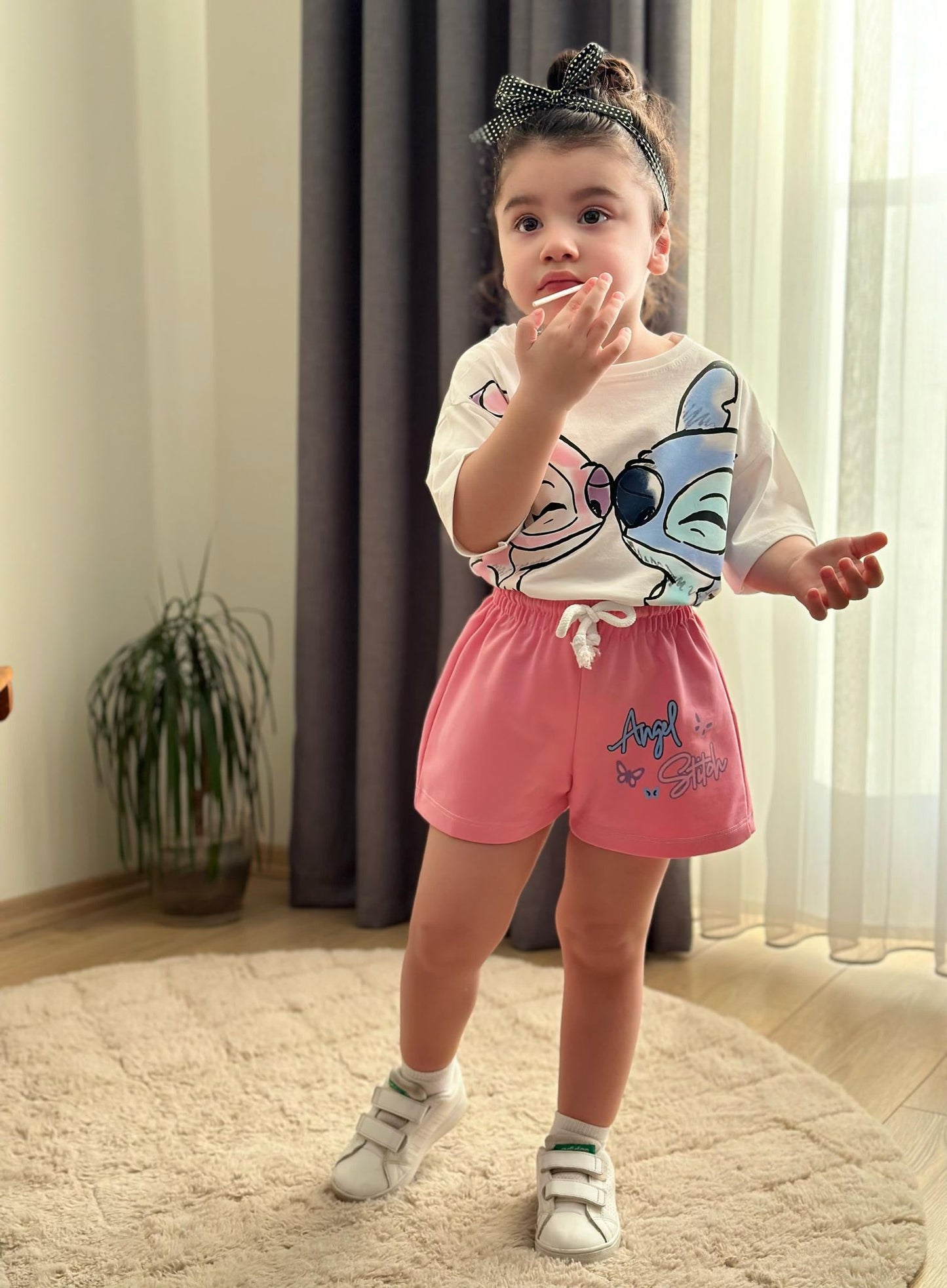 Outfit For Girls Stitch Design Blue/Pink Short Size 3-10y