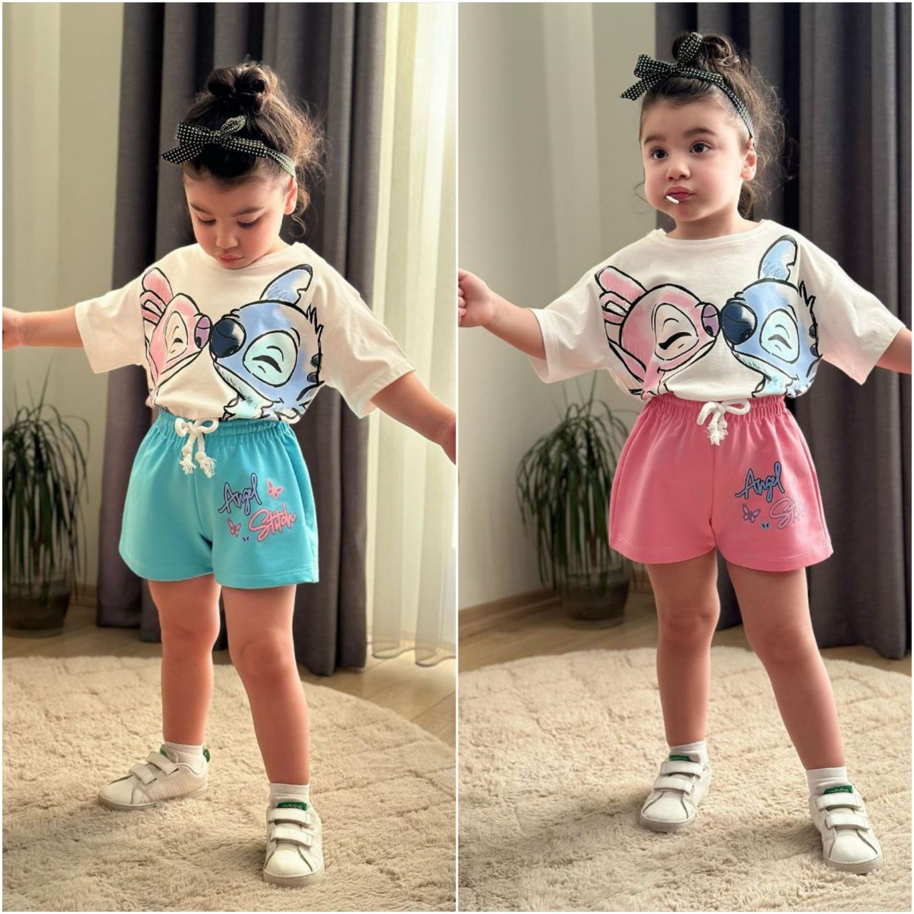 Outfit For Girls Stitch Design Blue/Pink Short Size 3-10y