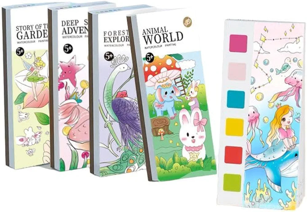 Activity Coloring Books, Watercolor Painting with Brush, 12 Sheets 3+