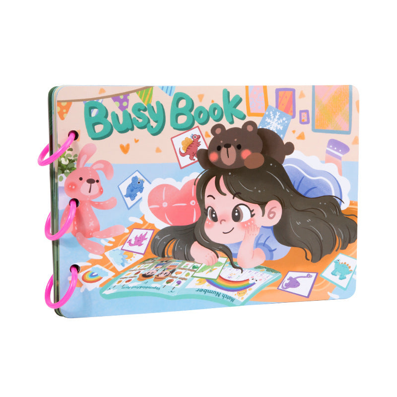 12-page Montessori busy book with movable pieces and storage rings