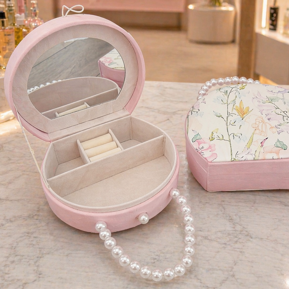 Elegant Jewelry Box with Mirror & Ring Organizer – Pink Floral Design