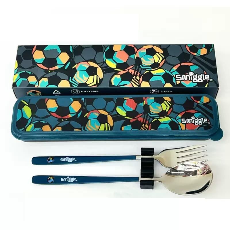 Smiggle Football Set Spoon+Fork With Storage Box