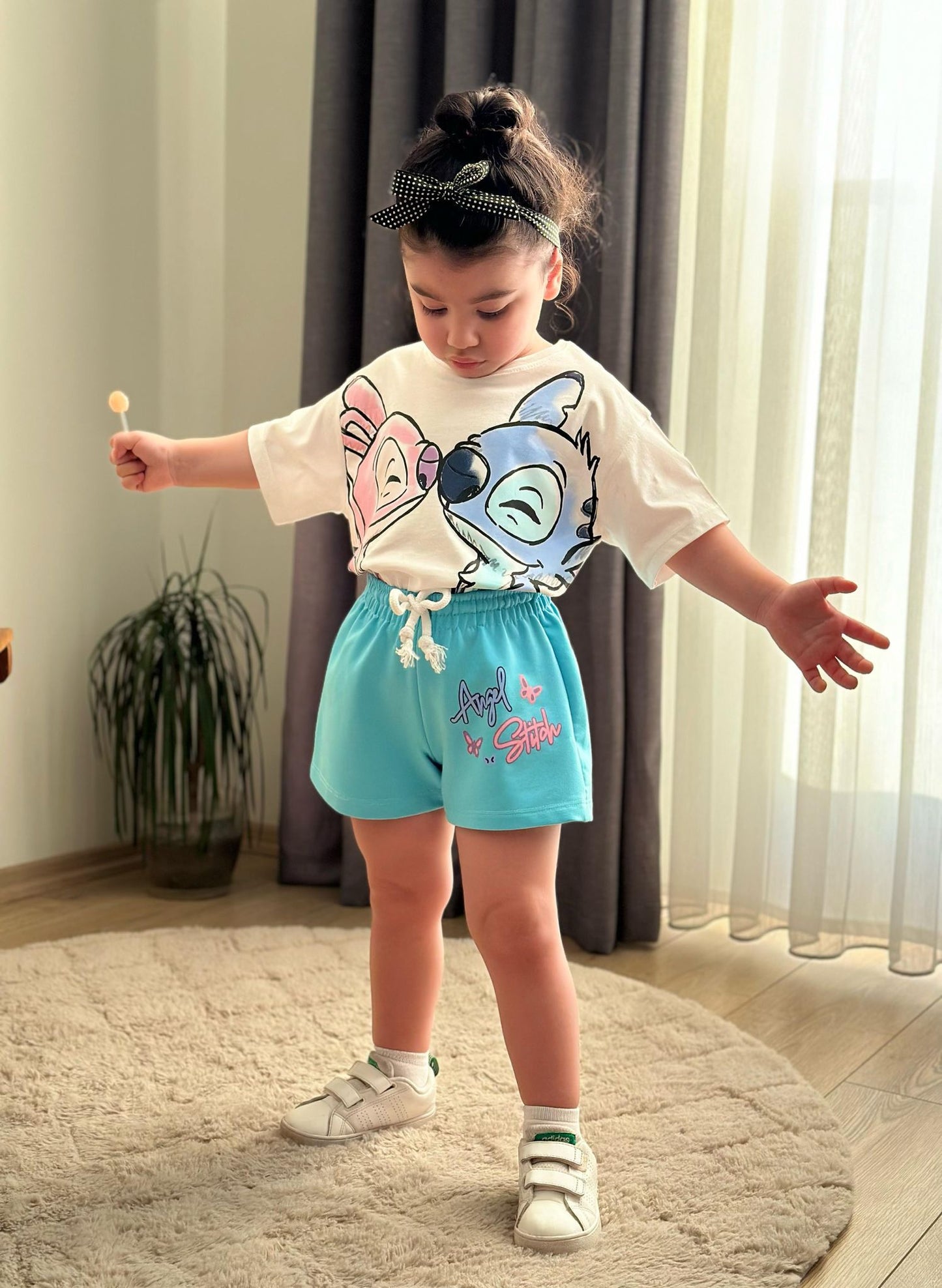 Outfit For Girls Stitch Design Blue/Pink Short Size 3-10y