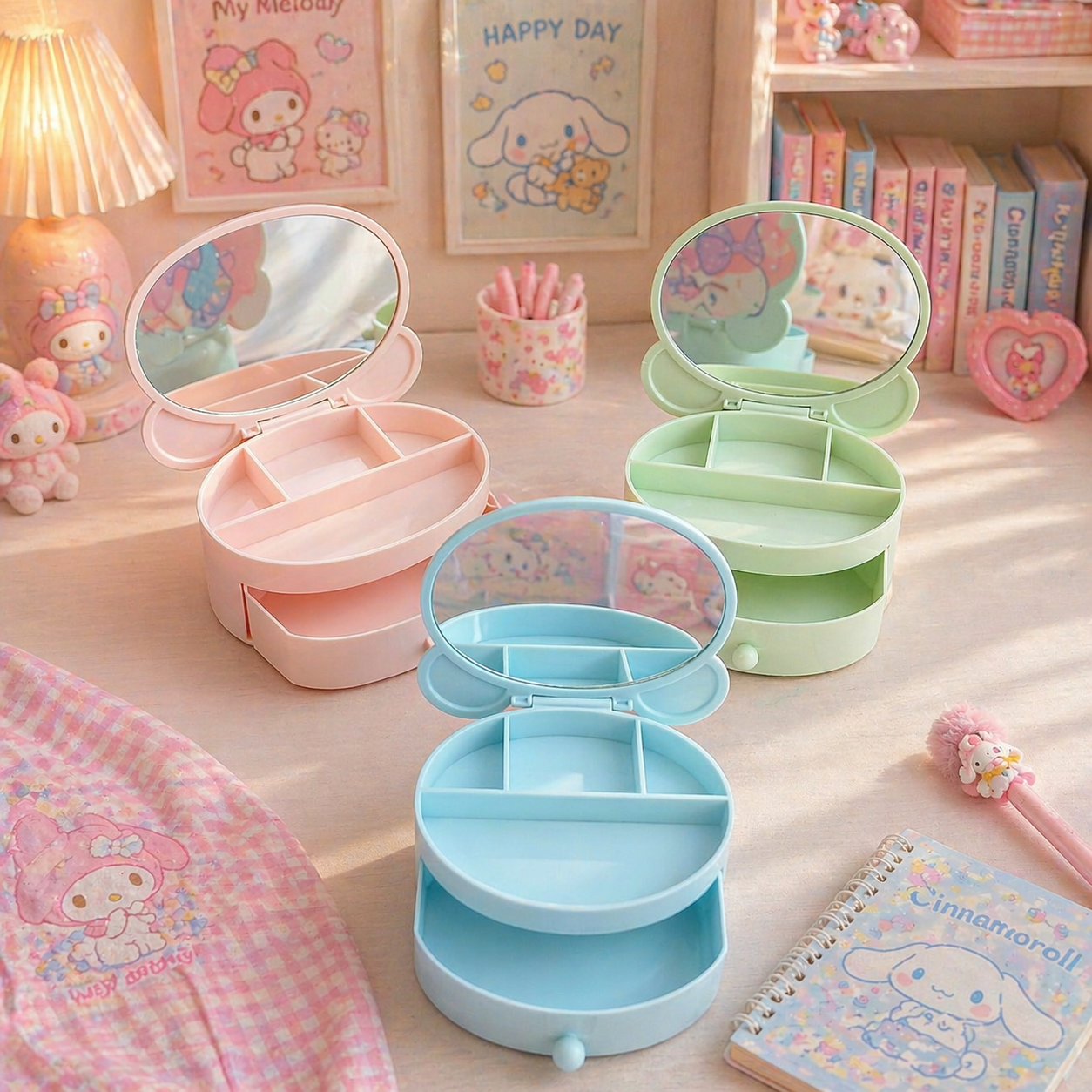 Cute Bear Mirror Storage Box – Pastel Color