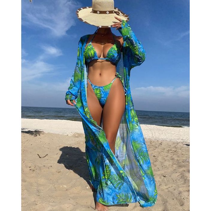 Swimwear For Women 3Pcs Green Leaf Design Green&Blue Color Size S-XL
