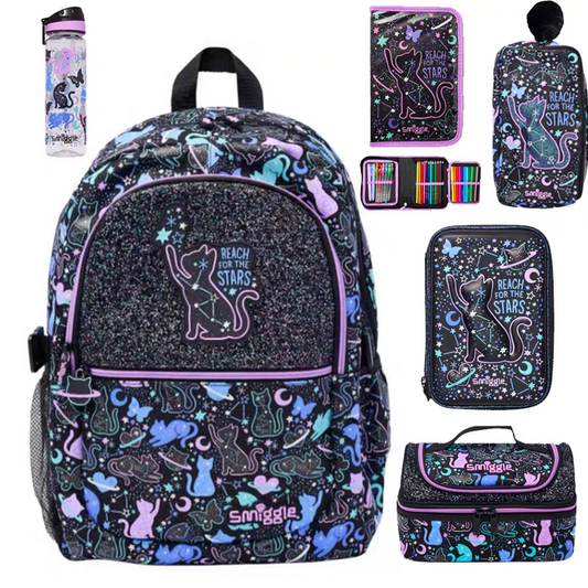 Smiggle Black Cat Design 3pcs Backpack 42cm lunch Bag Case