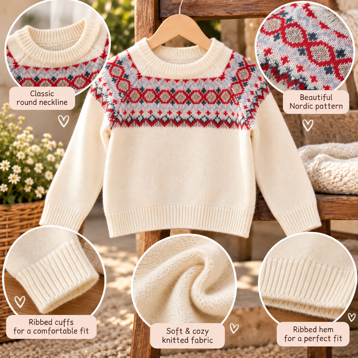 Girls' Nordic Pattern Knitted Sweater / 1–10Y