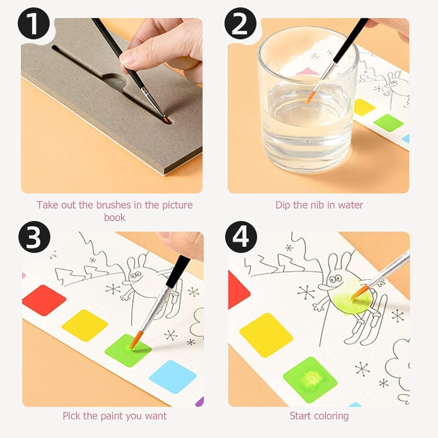Activity Coloring Books, Watercolor Painting with Brush, 12 Sheets 3+