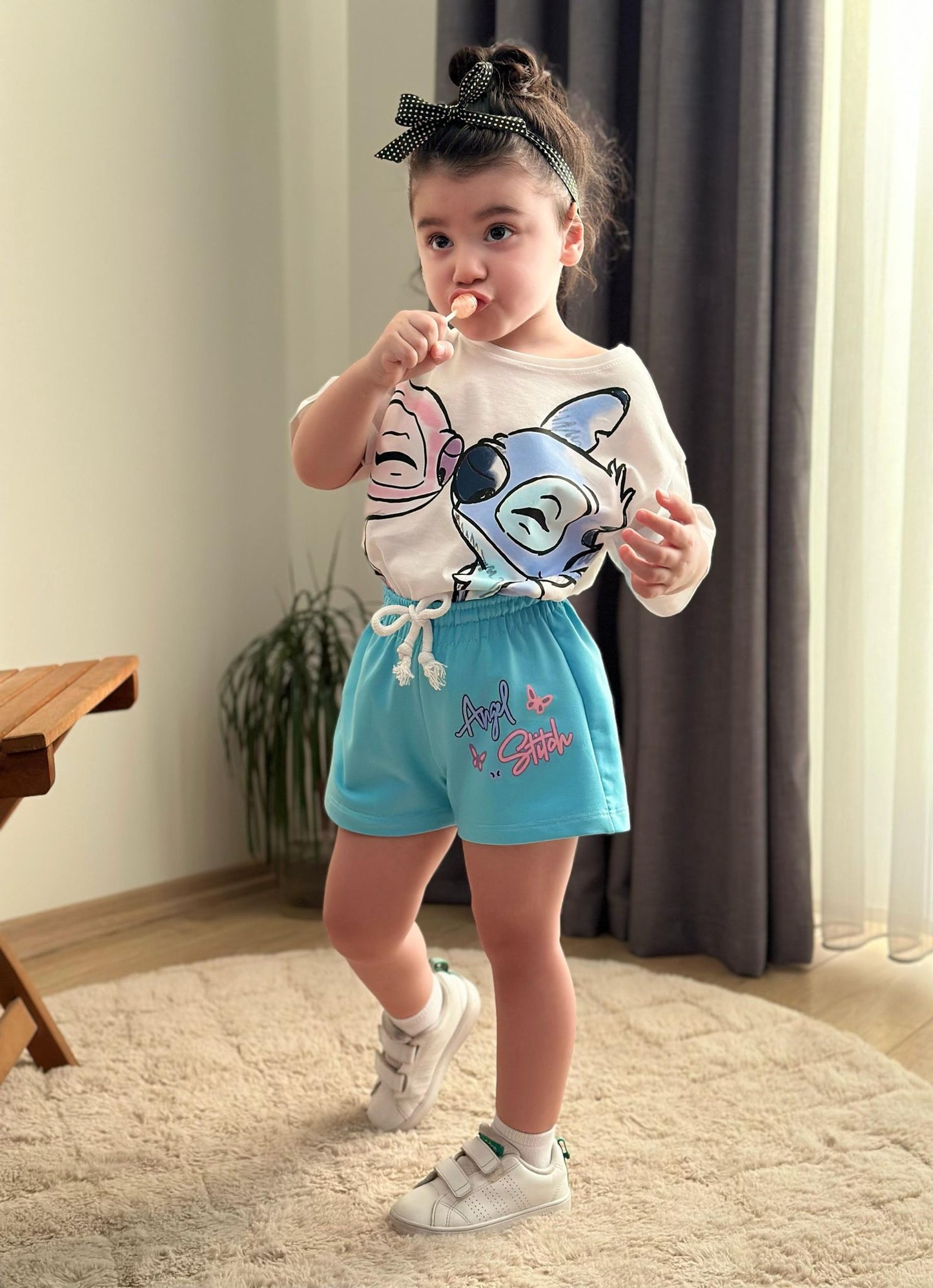 Outfit For Girls Stitch Design Blue/Pink Short Size 3-10y