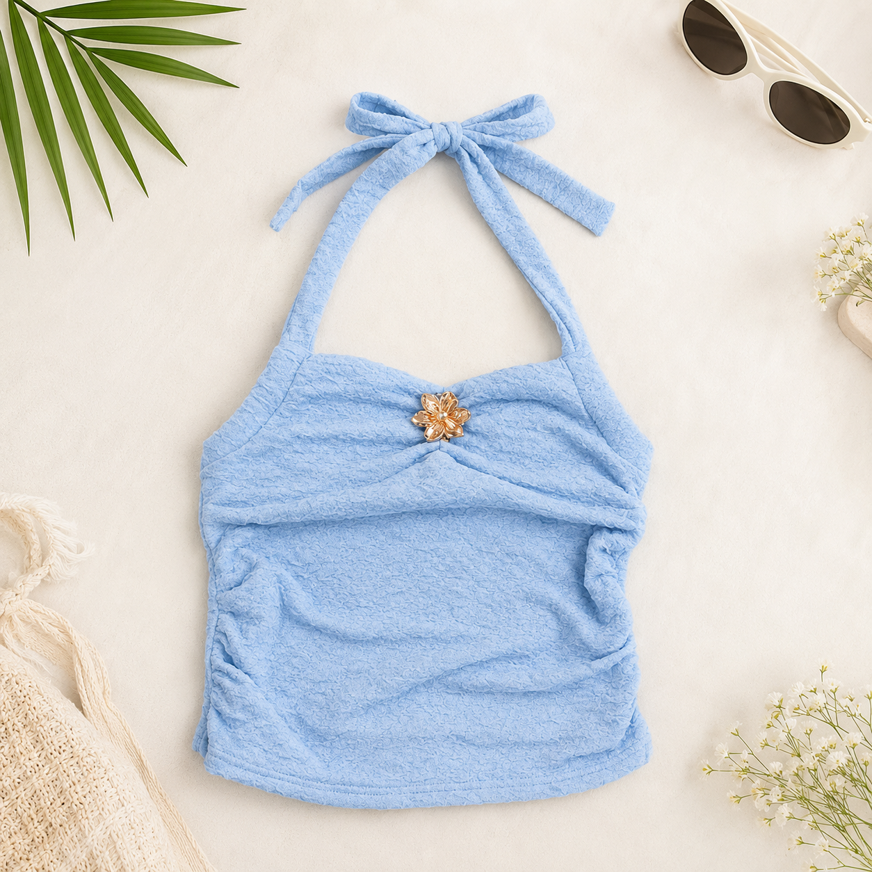 Sky Blue Floral Halter Top for Girls | Size 12y