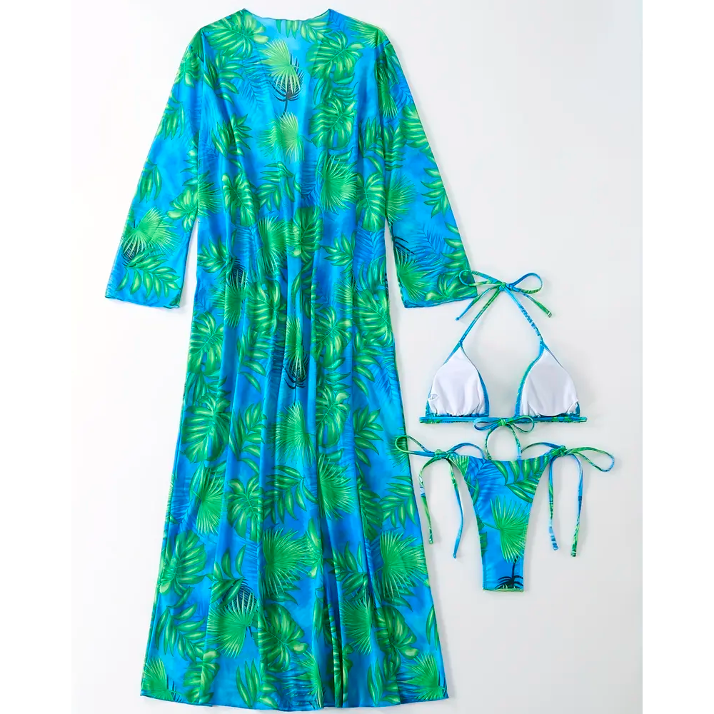 Swimwear For Women 3Pcs Green Leaf Design Green&Blue Color Size S-XL