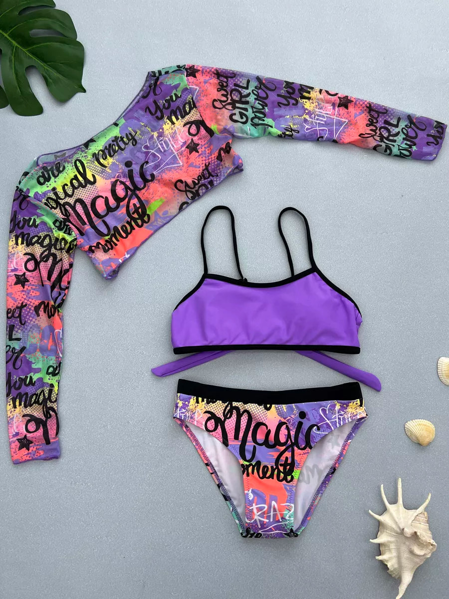Purple Swimwear For Girls Set Of 3 Pcs Size 6-12y
