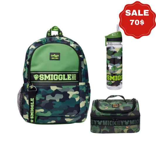 Smiggle Army Design 3pcs Set Lunch bag Bottle Backpack 42cm G1-G3
