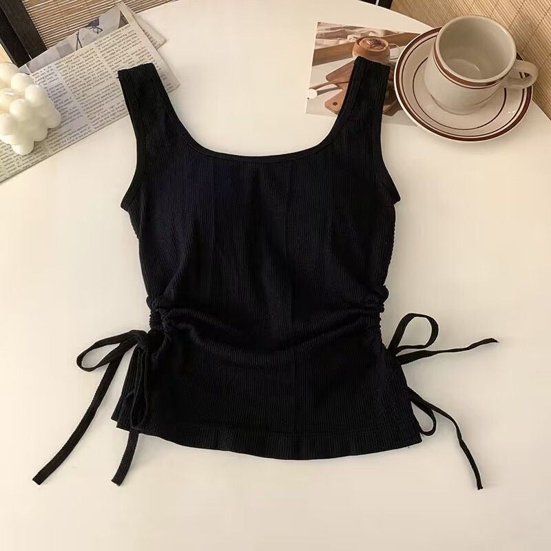 Black Ribbed Side-Cutout Tank Top for Girls | Size 2-12y
